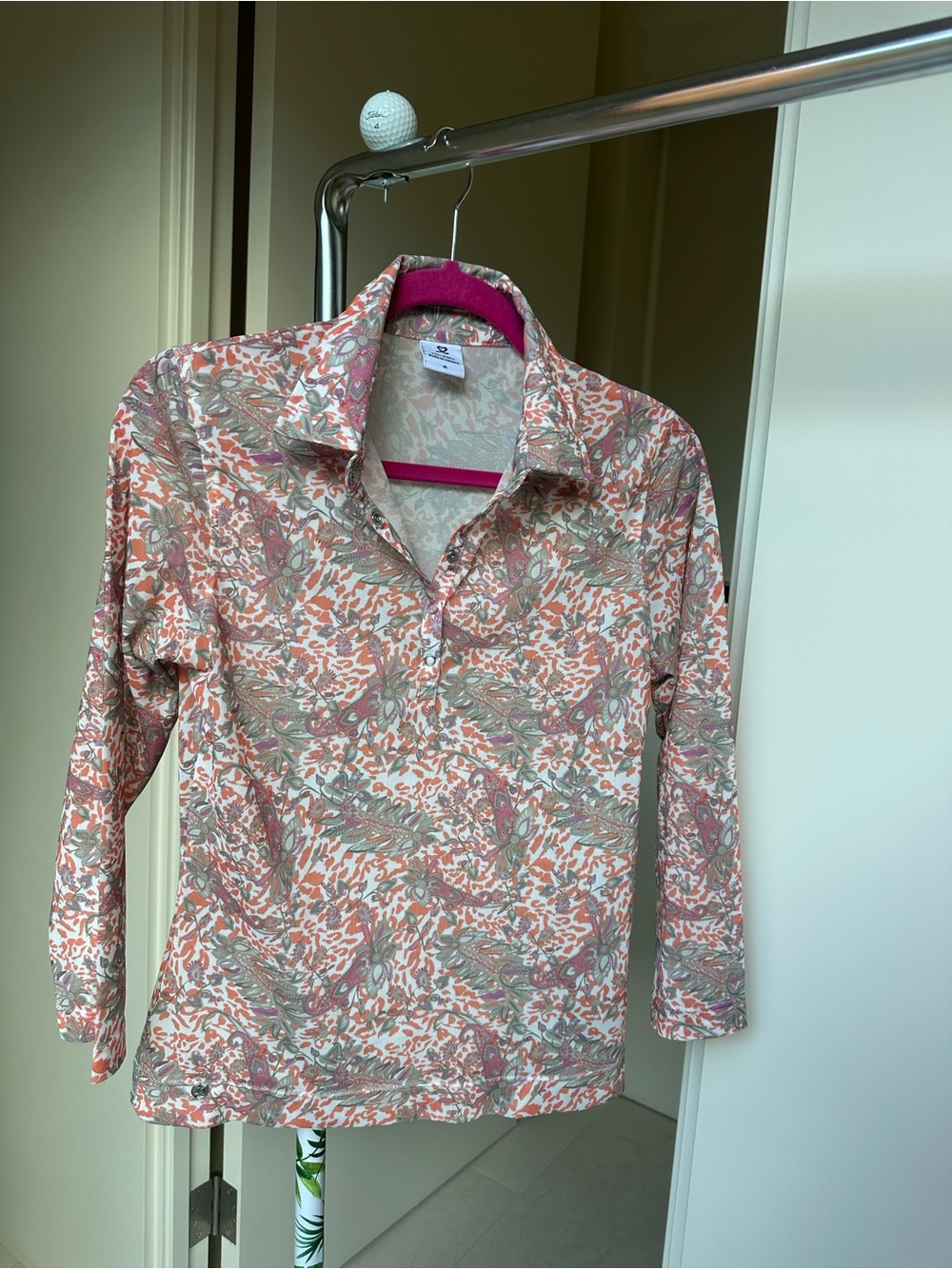 Daily Sports Floral Long Sleeve Polo in Peach, Green, Cream
